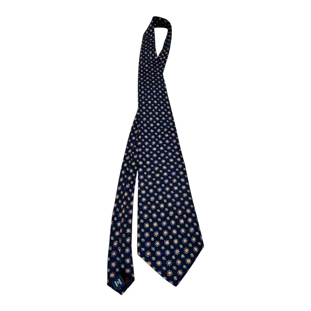 Polo Ralph Lauren Mens Floral Necktie Navy Blue Yellow Green Plaid Hand Made‎